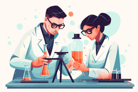 Scientist woman and man working in laboratory. Vector illustration in cartoon styleのイラスト素材