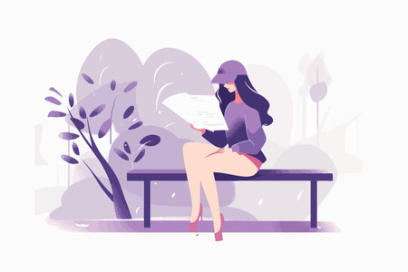 Young woman sitting on a bench and reading a book. Vector illustrationのイラスト素材