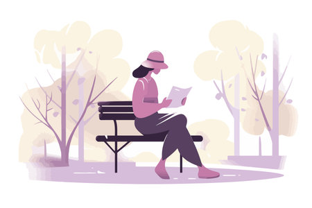 Woman reading newspaper sitting on bench in park. Female character in casual clothes and hat sitting on bench in city park. Flat vector illustrationのイラスト素材