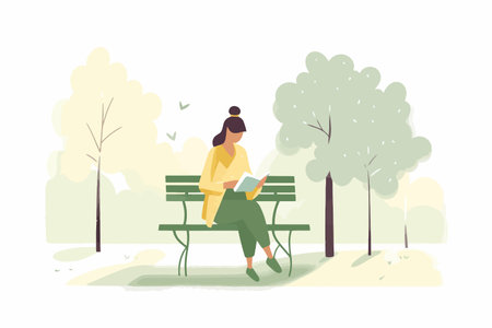Woman sitting on bench in park and reading book. Vector illustration.のイラスト素材