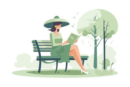 Woman reading a book in the park. Flat style vector illustration.のイラスト素材
