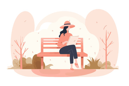 Young woman sitting on bench in park and reading book. Flat vector illustration.のイラスト素材