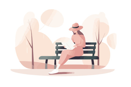 Woman sitting on bench and reading book in park. Female character in hat and jacket relaxing in park. Vector illustration in flat cartoon styleのイラスト素材