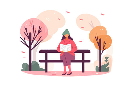 Woman sitting on bench in park and reading book. Vector illustration in flat cartoon styleのイラスト素材