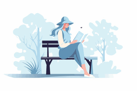 Woman reading a book on a bench in the park. Flat vector illustration.のイラスト素材