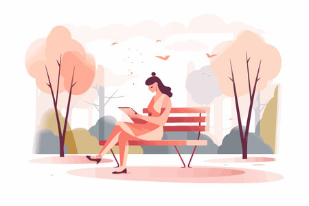 Young woman sitting on bench in park and using tablet pc. Flat vector illustration.のイラスト素材