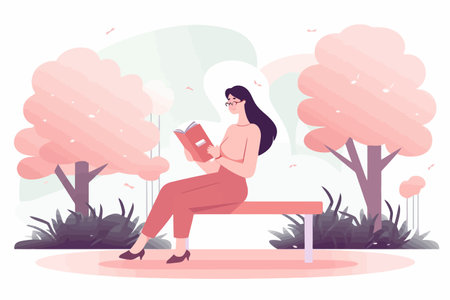 Young woman reading a book in the park. Vector illustration in flat styleのイラスト素材