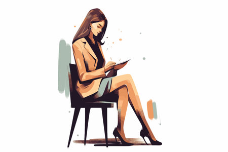 Beautiful young woman sitting on chair and reading a book. Vector illustration.のイラスト素材