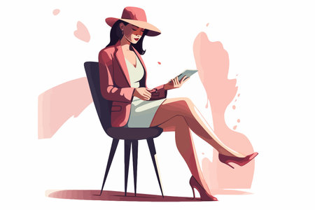 Beautiful woman in hat and jacket sitting in armchair and reading book. Vector illustrationのイラスト素材