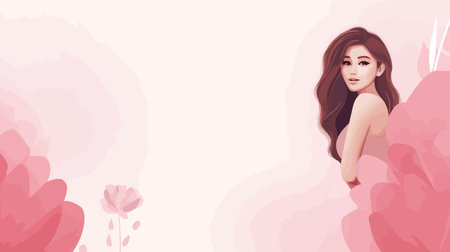 Young beautiful woman with long hair and pink flowers. Vector illustration.のイラスト素材