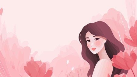 Beautiful girl with long hair and pink flowers. Vector illustration.のイラスト素材