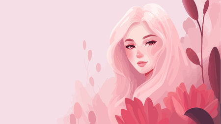 Portrait of beautiful young woman on floral background. Vector illustration.のイラスト素材