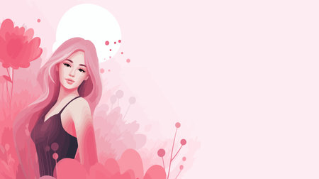 Beautiful girl with long hair and pink flowers. Vector illustration.のイラスト素材