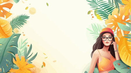 Beautiful girl in hat and glasses among tropical leaves. Vector illustration.