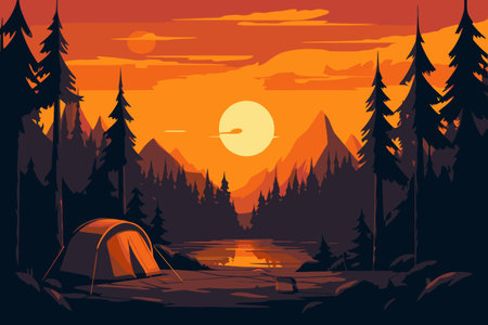 Camping in the forest at sunset. Vector illustration in flat styleのイラスト素材