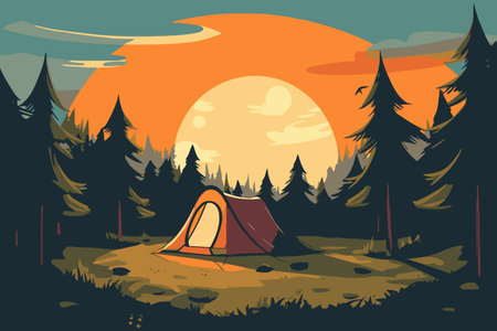 Camping in the forest at sunset. Vector illustration in flat styleのイラスト素材