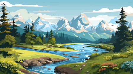 Mountain landscape with river, forest and mountains. Vector illustration.のイラスト素材