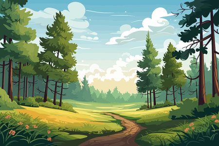 Forest landscape with road and meadow. Vector cartoon illustration. EPS10のイラスト素材