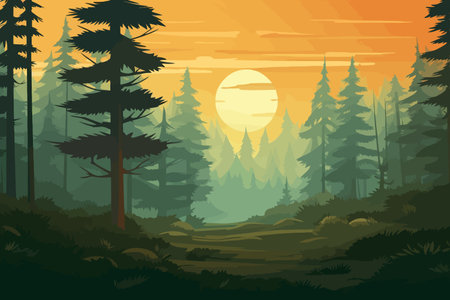 Forest landscape at sunset with sun and trees. Cartoon style vector illustration.のイラスト素材