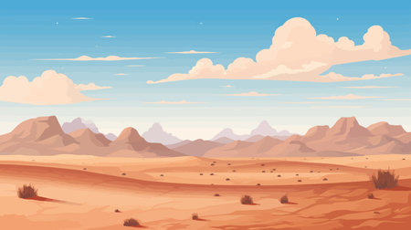 Desert landscape with mountains and blue sky. Vector cartoon illustration.のイラスト素材