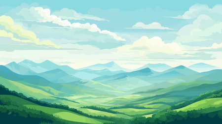 Mountain landscape with green hills and blue sky. Vector illustration.のイラスト素材