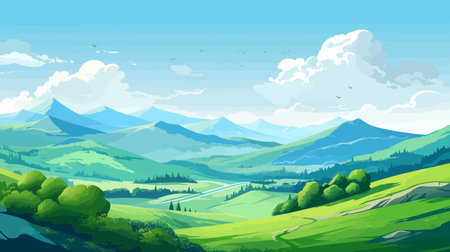 Beautiful summer landscape with mountains and blue sky. Vector illustration.のイラスト素材