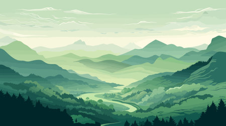 Mountain landscape with forest and river. Vector illustration in flat styleのイラスト素材
