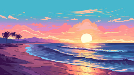 Beautiful sunset on the beach. Vector illustration in flat style.のイラスト素材