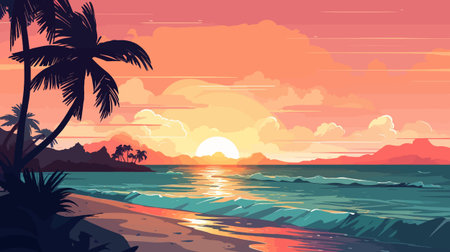 Tropical beach at sunset with palms. Vector illustration in cartoon styleのイラスト素材