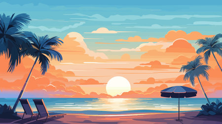 Beautiful sunset on the beach. Vector illustration in flat style.のイラスト素材