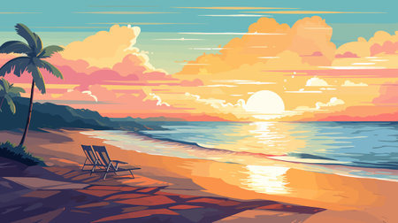 Sunset on the beach with a deck chair. Vector illustration.のイラスト素材