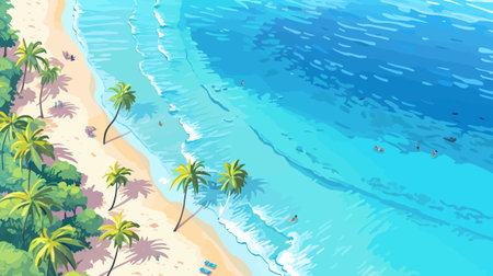 Vector illustration of tropical beach with palm trees, sand and ocean waves.のイラスト素材