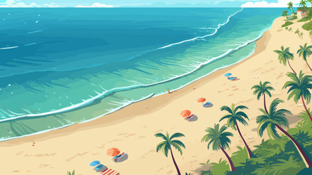 Seascape with tropical beach and palm trees. Vector illustration.のイラスト素材