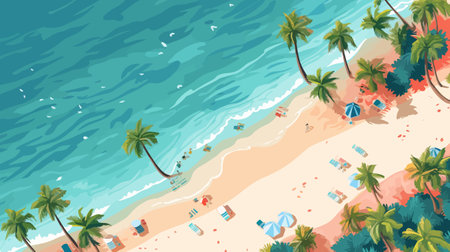 Tropical beach with palm trees and sunbeds, vector illustrationのイラスト素材