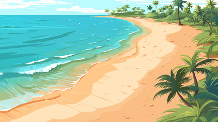 Tropical beach with sand and palm trees, vector illustration.のイラスト素材