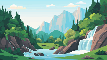 Waterfall in the mountains. Nature landscape. Flat style vector illustration.のイラスト素材