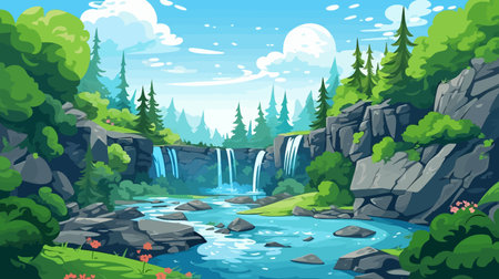 Landscape with waterfall and forest. Vector illustration in cartoon style.のイラスト素材