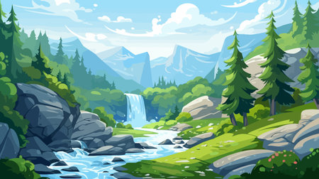 Summer landscape with mountains, river and forest. Vector cartoon illustration.のイラスト素材