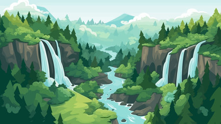 Waterfall in the forest. Vector illustration in flat cartoon style.のイラスト素材