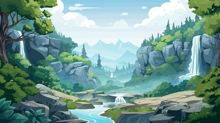 Landscape with waterfall and mountains in cartoon style. Vector illustration.のイラスト素材