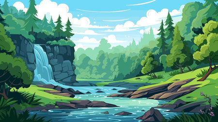 Landscape with river and forest in flat style. Vector illustration.のイラスト素材
