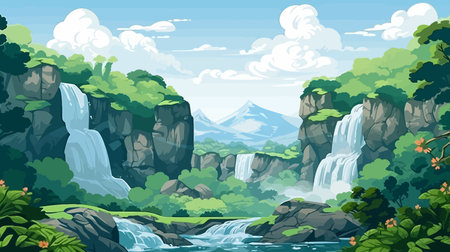 Cartoon nature landscape background with waterfall and mountains. Vector illustration.のイラスト素材
