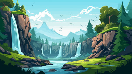 Landscape with waterfall and mountains. Vector illustration in cartoon style.のイラスト素材