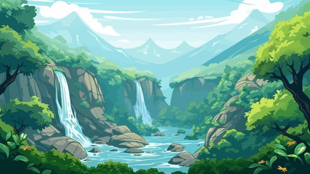 Landscape with waterfall and mountains. Vector illustration in cartoon style.のイラスト素材
