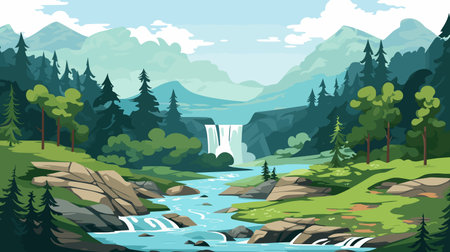 Waterfall in the forest. Mountain landscape. Vector illustration in flat styleのイラスト素材