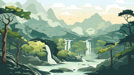Waterfall in the forest. Vector illustration in flat cartoon style.のイラスト素材