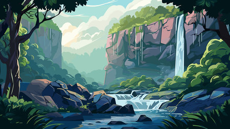 Landscape with waterfall in the jungle. Vector illustration in cartoon styleのイラスト素材