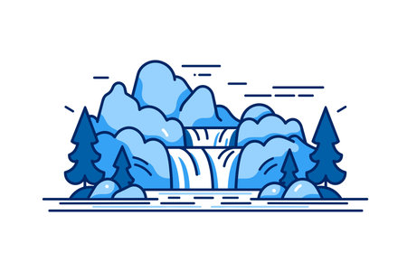 Waterfall in the forest. Vector illustration in flat linear style.のイラスト素材