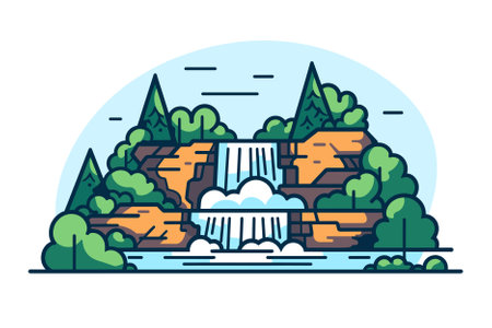 Vector illustration of a waterfall in the forest. Flat style design.のイラスト素材