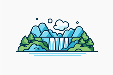 Waterfall icon in linear style. Vector illustration of river, forest and mountains.のイラスト素材